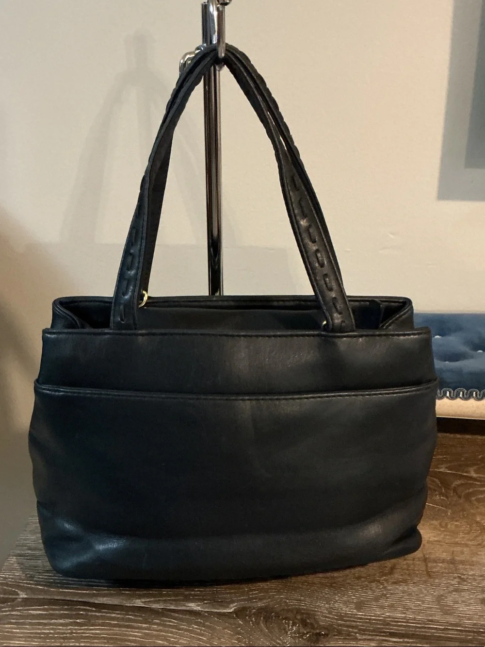Liz Claiborne Vintage Navy Vinyl with Leather Trim Tote Satchel Gold Plaque